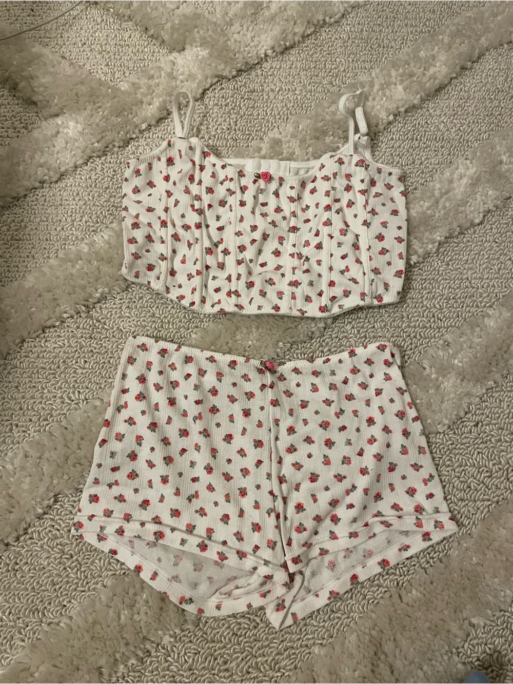 Forever 21 White Ribbed Cami & Short Sleep Set with Red Floral Print